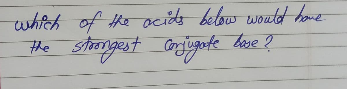 which of the acids below would have
the
strongest Conjugate base?