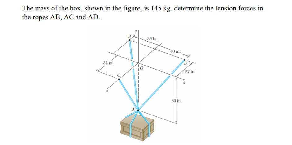 The mass of the box, shown in the figure, is 145 kg. determine the tension forces in
the ropes AB, AC and AD.
В
36 in.
40 in.
32 in.
27 in.
60 in.
