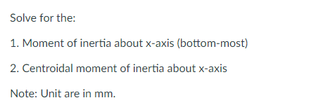 Solve for the:
1. Moment of inertia about x-axis (bottom-most)
2. Centroidal moment of inertia about x-axis
Note: Unit are in mm.
