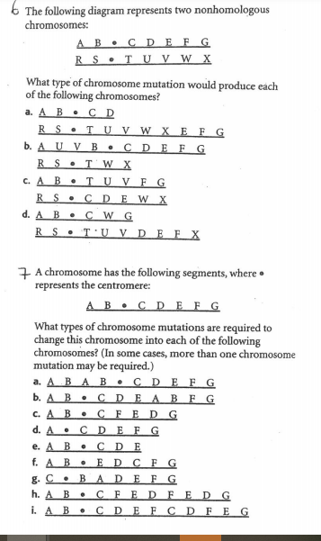 6 The following diagram represents two nonhomologous
chromosomes:
AB • C D EFG
R S •TU V w X
What type of chromosome mutation would produce each
of the following chromosomes?
a. A B. C D
R S •TU V W X E FG
b. A U V B.
C DE F G
R S •
T W X
с. А В
TUVFG
R S
C D
EW X
CW G
R S •T'U V D E F X
d. A B .
7 A chromosome has the following segments, where •
represents the centromere:
AB •C DE F G
What types of chromosome mutations are required to
change this chromosome into each of the following
chromosomes? (In some cases, more than one chromosome
mutation may be required.)
a. A BA B • C D E F G
Б. А В
• C DE ABFG
с. А В.
CFEDG
d. A •
C DE FG
e. A B•
CDE
ED C FG
BADE F G
f. AB
g. C .
h. A B
i. A B • C D E F C DFEG
• CFE DFEDG
