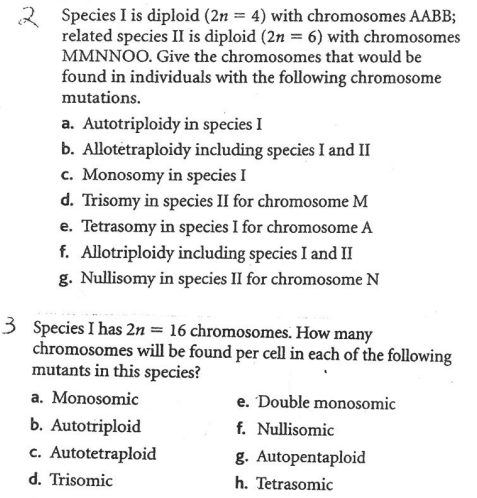 Species I is diploid (2n = 4) with chromosomes AABB;
related species II is diploid (2n = 6) with chromosomes
MMNNOO. Give the chromosomes that would be
found in individuals with the following chromosome
mutations.
a. Autotriploidy in species I
b. Allotetraploidy including species I and II
c. Monosomy in species I
d. Trisomy in species II for chromosome M
e. Tetrasomy in species I for chromosome A
f. Allotriploidy including species I and II
g. Nullisomy in species II for chromosome N
3 Species I has 2n = 16 chromosomes. How many
chromosomes will be found per cell in each of the following
mutants in this species?
a. Monosomic
e. Double monosomic
b. Autotriploid
f. Nullisomic
c. Autotetraploid
d. Trisomic
g. Autopentaploid
h. Tetrasomic
