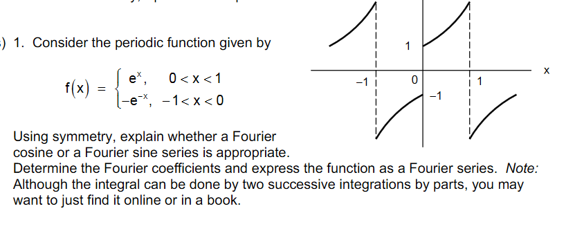 :) 1. Consider the periodic function given by
1
X
e*,
0 <x<1
-1
f(x)
-1
-е*, —1<x<0
Using symmetry, explain whether a Fourier
cosine or a Fourier sine series is appropriate.
Determine the Fourier coefficients and express the function as a Fourier series. Note:
Although the integral can be done by two successive integrations by parts, you may
want to just find it online or in a book.
