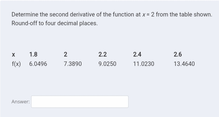 Determine the second derivative of the function at x = 2 from the table shown.
Round-off to four decimal places.
1.8
2
2.2
2.4
2.6
f(x)
6.0496
7.3890
9.0250
11.0230
13.4640
Answer:
