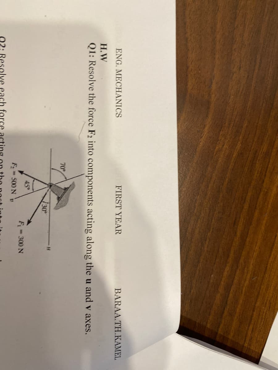 ENG. MECHANICS
FIRST YEAR
BARAA.TH.KAMEL
Н.W
Q1: Resolve the force F2 into components acting along the u and v axes.
70
30
45°
= 300 N
F 500 N
02: Resolve each force
