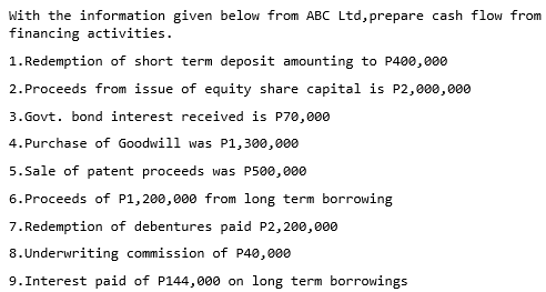 With the information given below from ABC Ltd,prepare cash flow from
financing activities.
1. Redemption of short term deposit amounting to P400,000
2.Proceeds from issue of equity share capital is P2,000,000
3. Govt. bond interest received is P70,000
4. Purchase of Goodwill was P1,300,000
5. Sale of patent proceeds was P500,000
6. Proceeds of P1,200,000 from long term borrowing
7. Redemption of debentures paid P2,200,000
8. Underwriting commission of P40,000
9.Interest paid of P144,000 on long term borrowings
