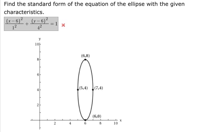 Find the standard form of the equation of the ellipse with the given
characteristics.
(x – 6)² , (v – 6)²
=1 ×
12
42
У
10-
(6,8)
6-
(5,4) (7,4)
2
(6,0)
6.
х
10

