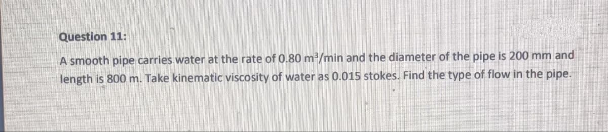 Question 11:
A smooth pipe carries water at the rate of 0.80 m³/min and the diameter of the pipe is 200 mm and
length is 800 m. Take kinematic viscosity of water as 0.015 stokes. Find the type of flow in the pipe.