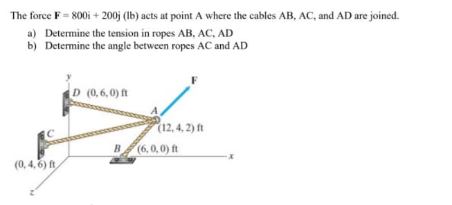 The force F = 800i + 200j (lb) acts at point A where the cables AB, AC, and AD are joined.
a) Determine the tension in ropes AB, AC, AD
b) Determine the angle between ropes AC and AD
D (0,6,0) ft
(12, 4, 2) ft
B (6,0,0) ft
(0, 4, 6) ft
