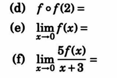 (d) fof(2)=
(e) lim f(x)=
x→0
5f(x)
(f) lim x+3
||
=