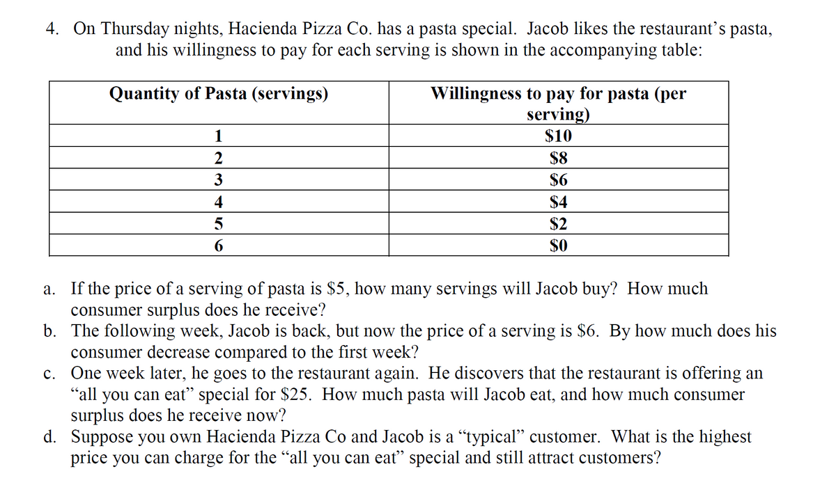 4. On Thursday nights, Hacienda Pizza Co. has a pasta special. Jacob likes the restaurant's pasta,
and his willingness to pay for each serving is shown in the accompanying table:
Willingness to pay for pasta (per
serving)
$10
Quantity of Pasta (servings)
1
$8
3
$6
4
$4
$2
6.
$O
a. If the price of a serving of pasta is $5, how many servings will Jacob buy? How much
consumer surplus does he receive?
b. The following week, Jacob is back, but now the price of a serving is $6. By how much does his
consumer decrease compared to the first week?
c. One week later, he goes to the restaurant again. He discovers that the restaurant is offering an
"all you can eat" special for $25. How much pasta will Jacob eat, and how much consumer
surplus does he receive now?
d. Suppose you own Hacienda Pizza Co and Jacob is a "typical" customer. What is the highest
price you can charge for the “all you can eať" special and still attract customers?
