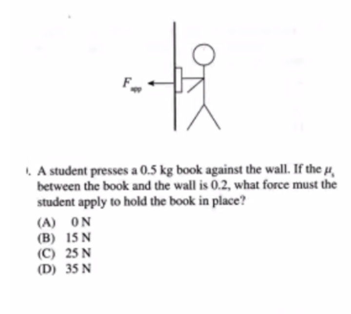 LA student presses a 0.5 kg book against the wall. If the µ̟
between the book and the wall is 0.2, what force must the
student apply to hold the book in place?
(A) ON
(B) 15 N
(C) 25 N
(D) 35 N
