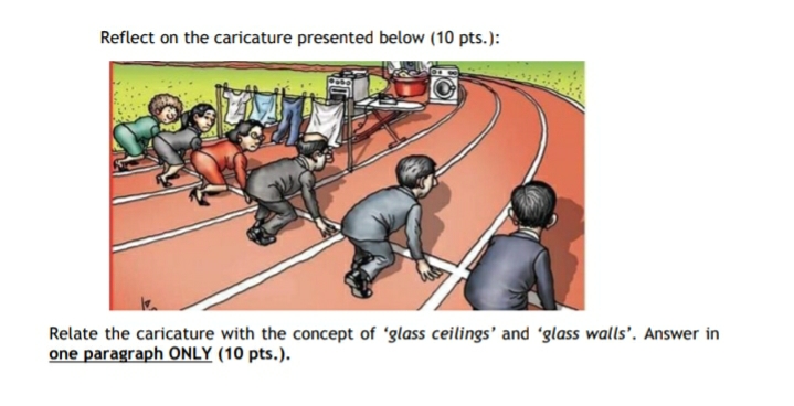 Reflect on the caricature presented below (10 pts.):
Relate the caricature with the concept of 'glass ceilings' and 'glass walls'. Answer in
one paragraph ONLY (10 pts.).
