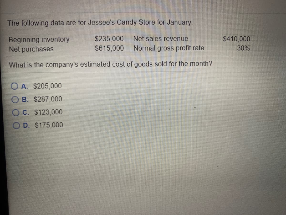 The following data are for Jessee's Candy Store for January:
$410,000
Beginning inventory
Net purchases
$235,000
$615,000 Normal gross profit rate
Net sales revenue
30%
What is the company's estimated cost of goods sold for the month?
O A. $205,000
B. $287,000
O C. $123,000
O D. $175,000
