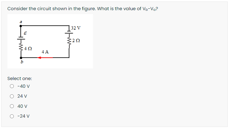Consider the circuit shown in the figure. What is the value of Vb-Va?
a
132 V
4 A
Select one:
O -40 V
O 24 V
O 40 V
O -24 V
