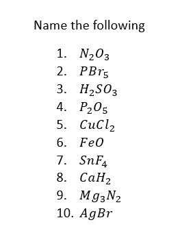 Name the following
1. N₂03
2. PBr5
3. H₂SO3
4. P₂05
5. CuCl2
6. FeO
7. SnF4
8. CaH₂
9. Mg3N₂
10. AgBr