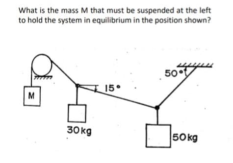 What is the mass M that must be suspended at the left
to hold the system in equilibrium in the position shown?
50°
15
30kg
50 kg
