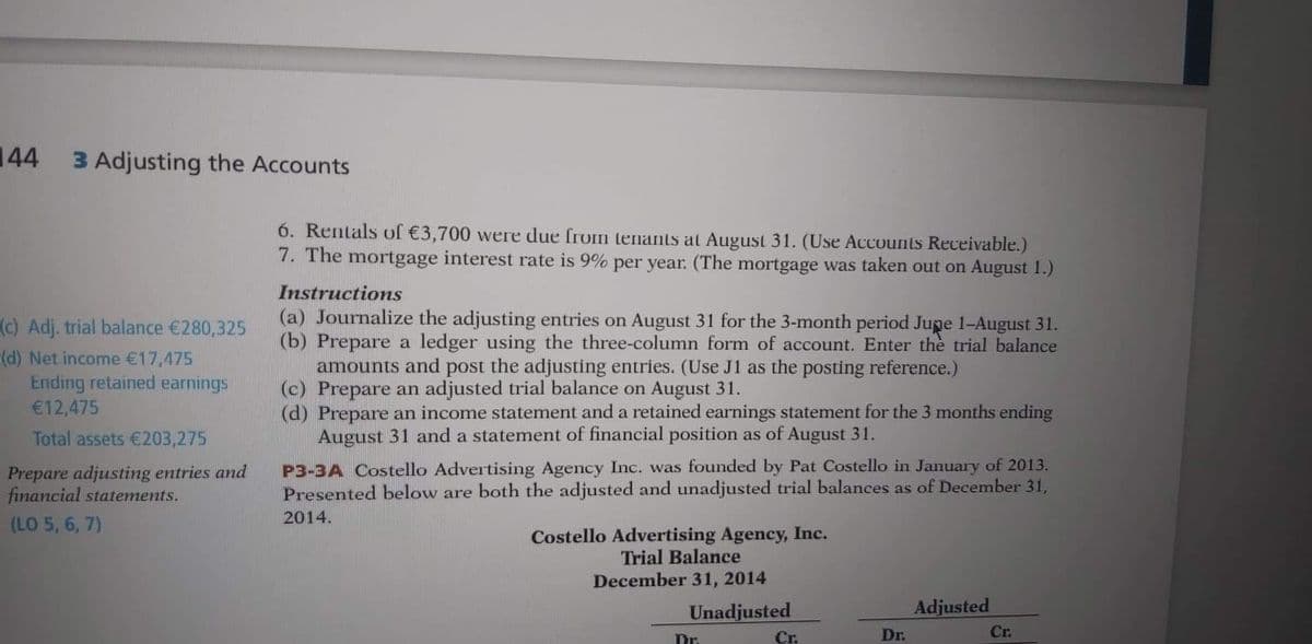 144
3 Adjusting the Accounts
6. Rentals of €3,700 were due from tenants at August 31. (Use Accounts Receivable.)
7. The mortgage interest rate is 9% per year. (The mortgage was taken out on August 1.)
Instructions
(a) Journalize the adjusting entries on August 31 for the 3-month period Jupe 1-August 31.
(b) Prepare a ledger using the three-column form of account. Enter the trial balance
amounts and post the adjusting entries. (Use J1 as the posting reference.)
(c) Prepare an adjusted trial balance on August 31.
(d) Prepare an income statement and a retained earnings statement for the 3 months ending
August 31 and a statement of financial position as of August 31.
(c) Adj. trial balance €280,325
(d) Net income €17,475
Ending retained earnings
€12,475
Total assets €203,275
Prepare adjusting entries and
financial statements.
P3-3A Costello Advertising Agency Inc. was founded by Pat Costello in January of 2013.
Presented below are both the adjusted and unadjusted trial balances as of December 31,
2014.
(LO 5, 6, 7)
Costello Advertising Agency, Inc.
Trial Balance
December 31, 2014
Unadjusted
Adjusted
Dr.
Cr.
Dr.
Cr.
