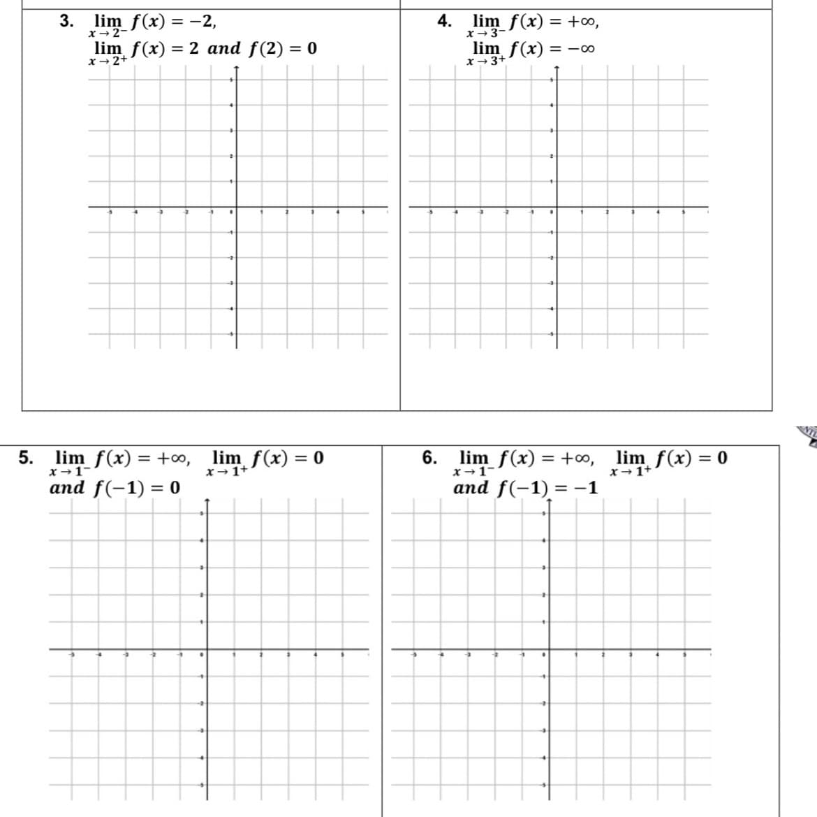 3. lim f(x) = -2,
4. lim f(x) = +∞,
x→2-
x → 3-
lim f(x) = 2 and f(2) = 0
x → 2+
lim f(x)
x - 3+
= -00
lim f(x) = +o, lim f(x) = 0
and f(-1) = 0
5.
6.
x - 1-
lim f(x) = +o, lim f(x) = 0
x-1+
x- 1+
and f(-1) = -1
