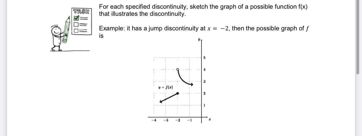 For each specified discontinuity, sketch the graph of a possible function f(x)
that illustrates the discontinuity.
TASK
Example: it has a jump discontinuity at x = -2, then the possible graph of f
is
5
... 4
....3
- S(z)
2
-4
-3
-2
-1
