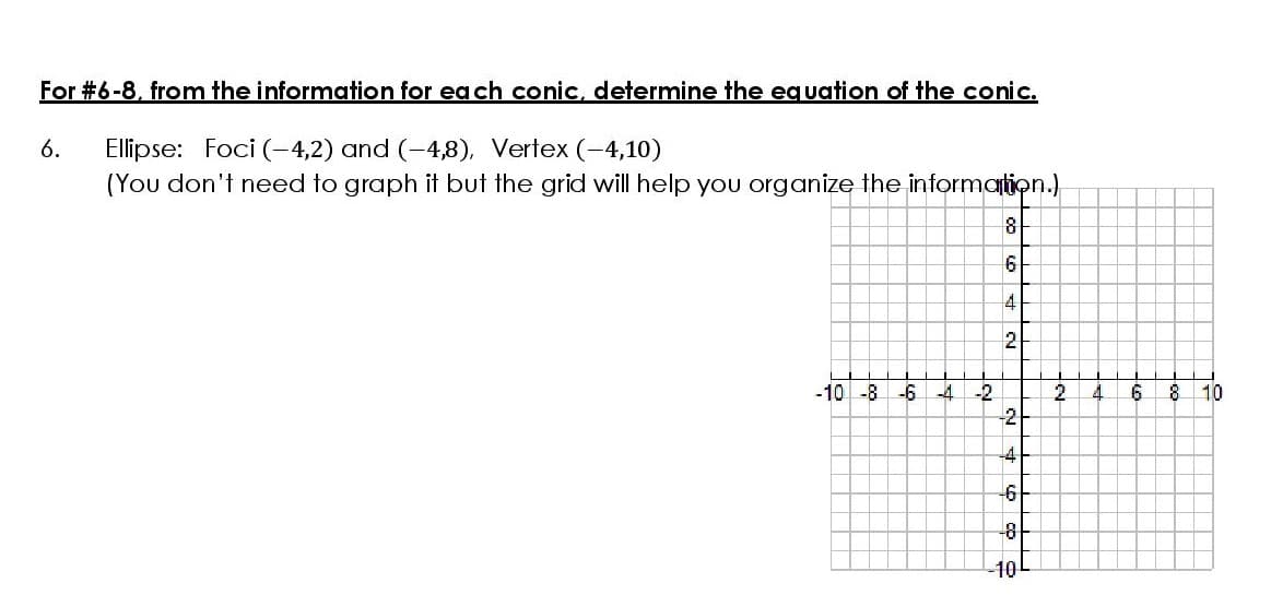 For #6-8, from the information for ea ch conic, determine the equation of the conic.
6.
Ellipse: Foci (-4,2) and (-4,8), Vertex (-4,10)
(You don't need to graph it but the grid will help you organize the information.)
8
6
2
-10 -8 -6
4 -2
10
-2
-4
-10

