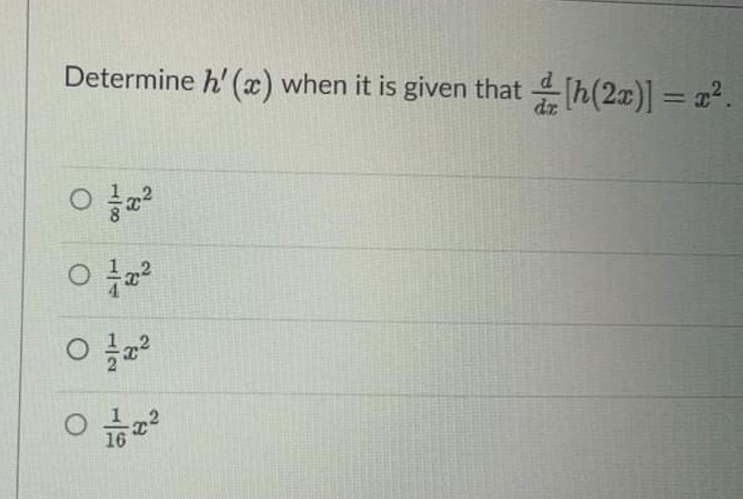 Determine h' (x) when it is given that h(2a)] = 2².
%3D
16
