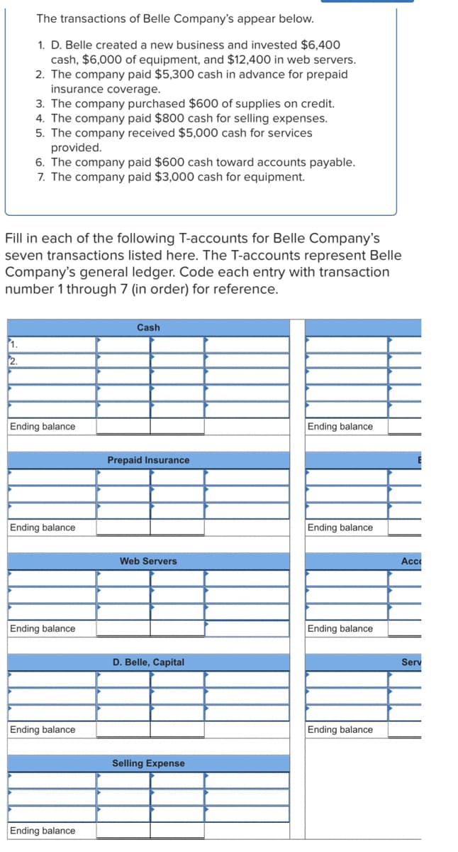 The transactions of Belle Company's appear below.
1. D. Belle created a new business and invested $6,400
cash, $6,000 of equipment, and $12,400 in web servers.
2. The company paid $5,300 cash in advance for prepaid
insurance coverage.
3. The company purchased $600 of supplies on credit.
4. The company paid $800 cash for selling expenses.
5. The company received $5,000 cash for services
provided.
6. The company paid $600 cash toward accounts payable.
7. The company paid $3,000 cash for equipment.
Fill in each of the following T-accounts for Belle Company's
seven transactions listed here. The T-accounts represent Belle
Company's general ledger. Code each entry with transaction
number 1 through 7 (in order) for reference.
Cash
1.
Ending balance
Ending balance
Prepaid Insurance
Ending balance
Ending balance
Web Servers
Acc
Ending balance
Ending balance
D. Belle, Capital
Serv
Ending balance
Ending balance
Selling Expense
Ending balance

