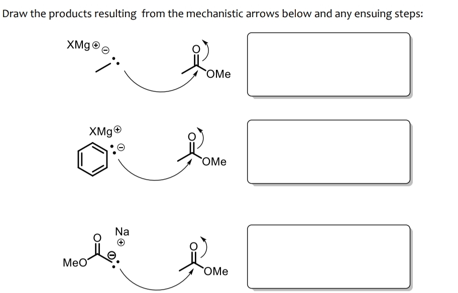 Draw the products resulting from the mechanistic arrows below and any ensuing steps:
XMg
Love
MeO
XMg+
Na
OMe
OMe