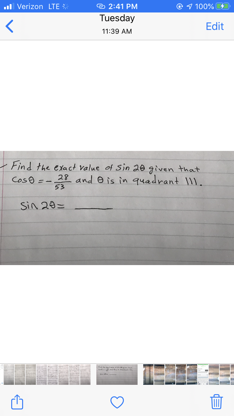 Find the exact value of Sin 20 given that
28 and e is in quadrant I.
CosO =-
53
Sin 20=
