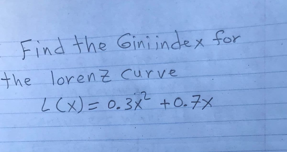 Find the Giniindex for
メ
the lorenz curve
LCx)= 0.3x- +0.7メ
C0.3X
