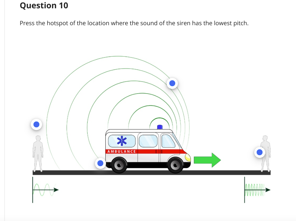 Question 10
Press the hotspot of the location where the sound of the siren has the lowest pitch.
*
AMBULANCE