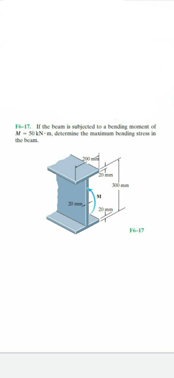 F6-17. If the beam is subjected to a bending moment of
M = 50 kN m, determine the maximum bending stress in
the beam.
200 mm
20 mm
300 mm
M
20 mm
20 mm
F6-17
