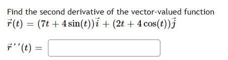 Find the second derivative of the vector-valued function
F(t) = (7t + 4 sin(t))i + (2t + 4 cos(t))j
7"(t) :

