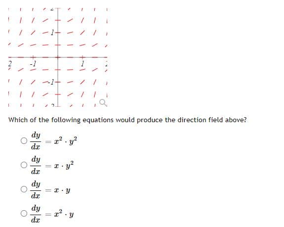 *と
1-
-1
/ -1-
う」
Which of the following equations would produce the direction field above?
dy
2 - y?
dr
dy
dr
dy
= x· Y
dz
dy
= x2 . y
dr
