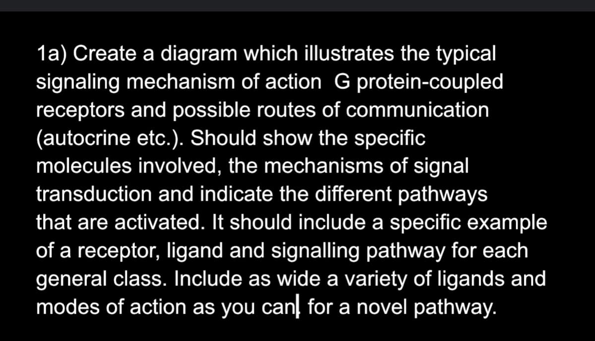 1a) Create a diagram which illustrates the typical
signaling mechanism of action G protein-coupled
receptors and possible routes of communication
(autocrine etc.). Should show the specific
molecules involved, the mechanisms of signal
transduction and indicate the different pathways
that are activated. It should include a specific example
of a receptor, ligand and signalling pathway for each
general class. Include as wide a variety of ligands and
modes of action as you can for a novel pathway.
