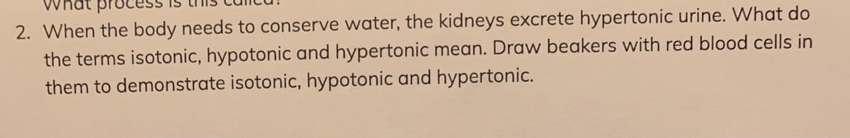 2. When the body needs to conserve water, the kidneys excrete hypertonic urine. What do
the terms isotonic, hypotonic and hypertonic mean. Draw beakers with red blood cells in
them to demonstrate isotonic, hypotonic and hypertonic.
