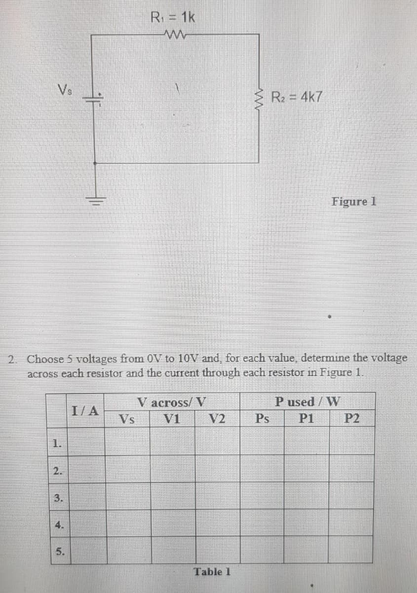 R = 1k
Vs
R2 = 4k7
Figure 1
2. Choose 5 voltages from 0V to 10V and, for each value, determine the voltage
across each resistor and the current through each resistor in Figure 1.
V across/ V
P used /W
I/A
Vs
V1
V2
Ps
P1
P2
1.
2.
3.
4.
Table 1
5.
