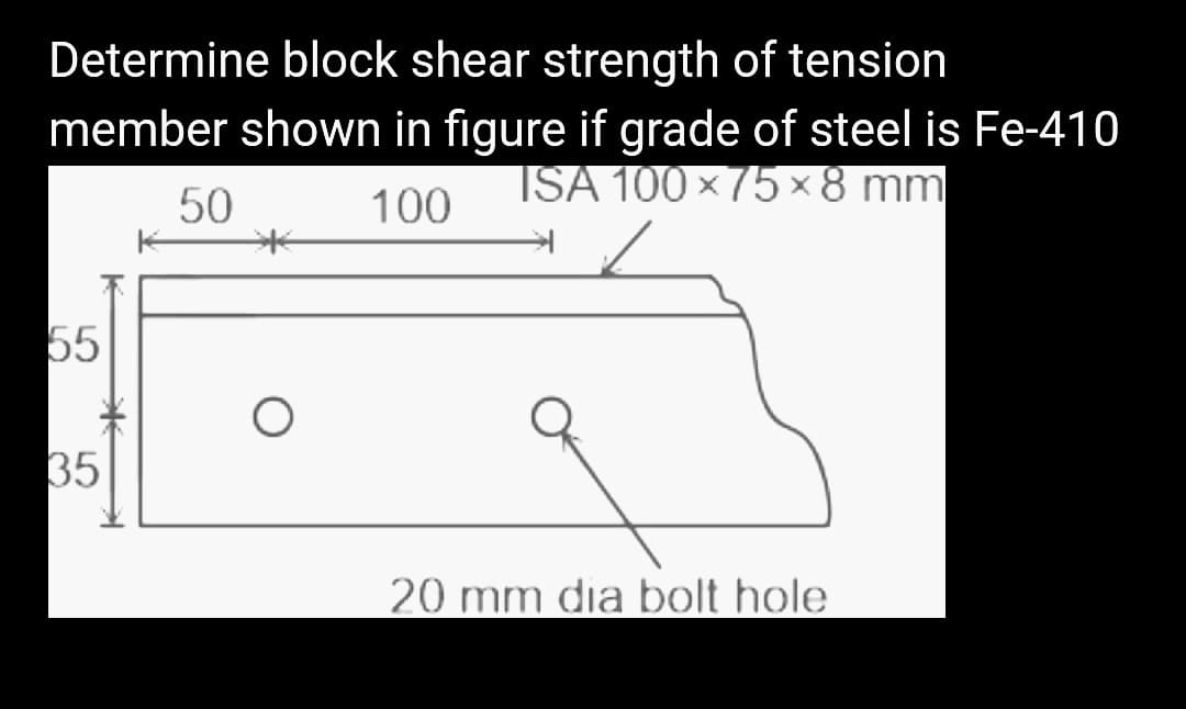 Determine block shear strength of tension
member shown in figure if grade of steel is Fe-410
ISA 100 × 75x8 mm
50
100
55
35
O
20 mm dia bolt hole
