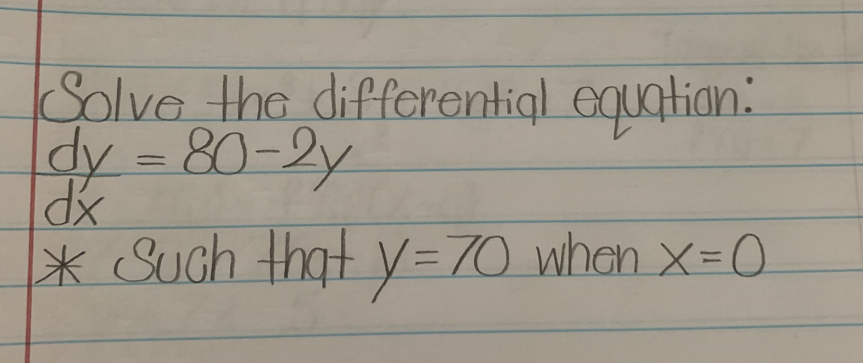 Solve equatian.
the differentiql
dy = 80-2y
* Such that y=70 when x=0
