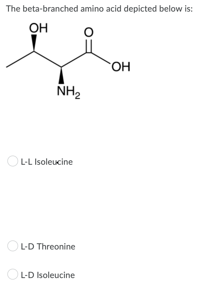 The beta-branched
OH
amino acid depicted below is:
O
OH
NH₂
OL-L Isoleucine
OL-D Threonine
OL-D Isoleucine