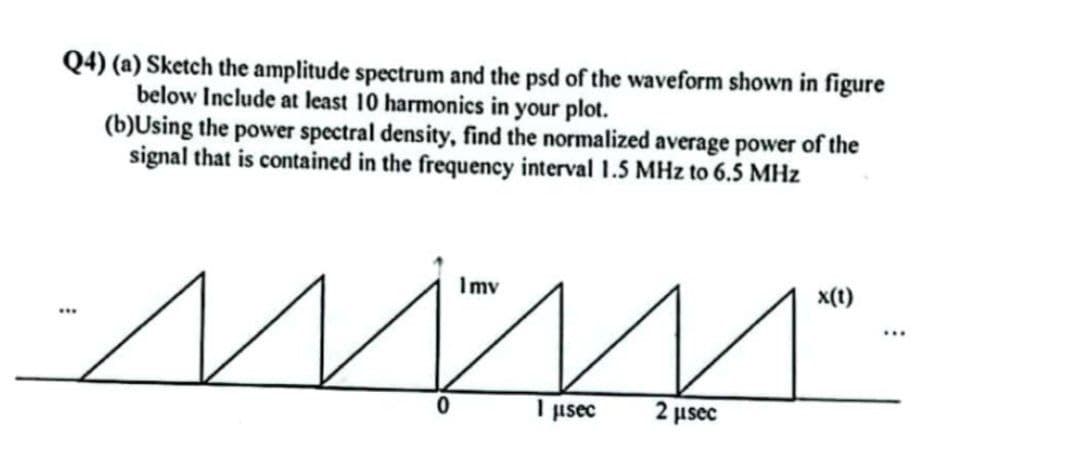 Q4) (a) Sketch the amplitude spectrum and the psd of the waveform shown in figure
below Include at least 10 harmonics in your plot.
(b)Using the power spectral density, find the normalized average power of the
signal that is contained in the frequency interval 1.5 MHz to 6.5 MHz
Imv
x(1)
mim
0
1 μsec
2 μsec