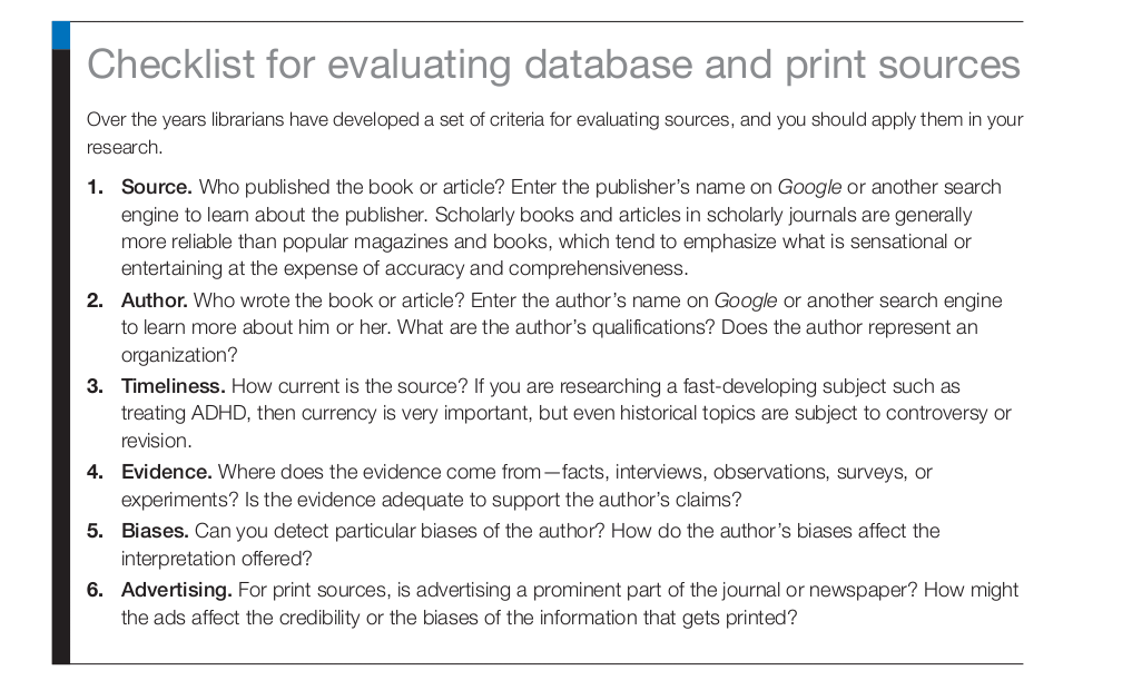 Checklist for evaluating database and print sources
Over the years librarians have developed a set of criteria for evaluating sources, and you should apply them in your
research.
1. Source. Who published the book or article? Enter the publisher's name on Google or another search
engine to leam about the publisher. Scholarly books and articles in scholarly journals are generally
more reliable than popular magazines and books, which tend to emphasize what is sensational or
entertaining at the expense of accuracy and comprehensiveness.
2. Author. Who wrote the book or article? Enter the author's name on Google or another search engine
to learn more about him or her. What are the author's qualifications? Does the author represent an
organization?
3. Timeliness. How current is the source? If you are researching a fast-developing subject such as
treating ADHD, then currency is very important, but even historical topics are subject to controversy or
revision.
4. Evidence. Where does the evidence come from –facts, interviews, observations, surveys, or
experiments? Is the evidence adequate to support the author's claims?
5. Biases. Can you detect particular biases of the author? How do the author's biases affect the
interpretation offered?
6. Advertising. For print sources, is advertising a prominent part of the journal or newspaper? How might
the ads affect the credibility or the biases of the information that gets printed?
