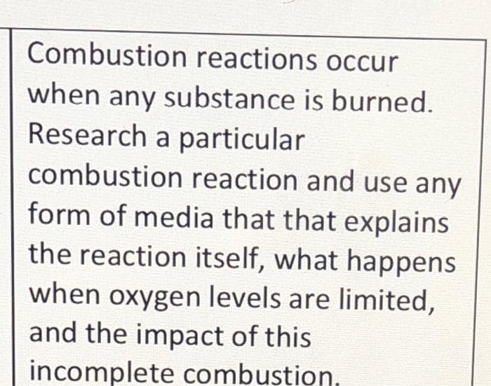 Combustion reactions occur
when any substance is burned.
Research a particular
combustion reaction and use any
form of media that that explains
the reaction itself, what happens
when oxygen levels are limited,
and the impact of this
incomplete combustion.

