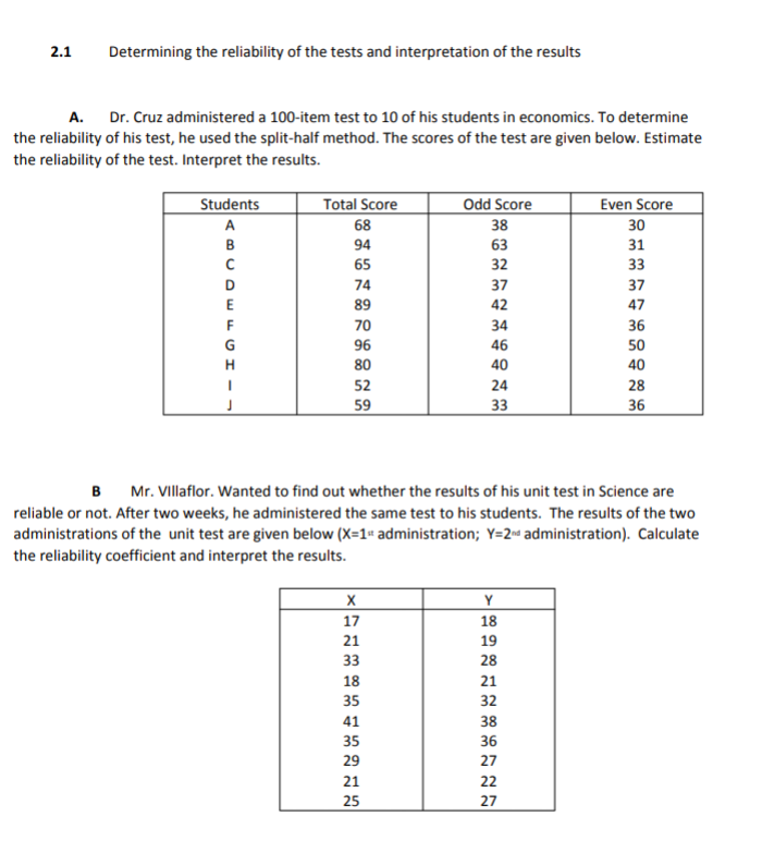 2.1
Determining the reliability of the tests and interpretation of the results
A. Dr. Cruz administered a 100-item test to 10 of his students in economics. To determine
the reliability of his test, he used the split-half method. The scores of the test are given below. Estimate
the reliability of the test. Interpret the results.
Students
Total Score
Odd Score
Even Score
A
68
38
30
63
32
B
94
31
65
33
74
37
37
E
89
42
47
F
70
34
36
G
96
46
50
H
80
40
40
52
24
28
59
33
36
в
Mr. VIllaflor. Wanted to find out whether the results of his unit test in Science are
reliable or not. After two weeks, he administered the same test to his students. The results of the two
administrations of the unit test are given below (X=1« administration; Y=2« administration). Calculate
the reliability coefficient and interpret the results.
17
18
21
19
33
28
18
21
35
32
41
38
35
36
29
27
21
22
25
27
