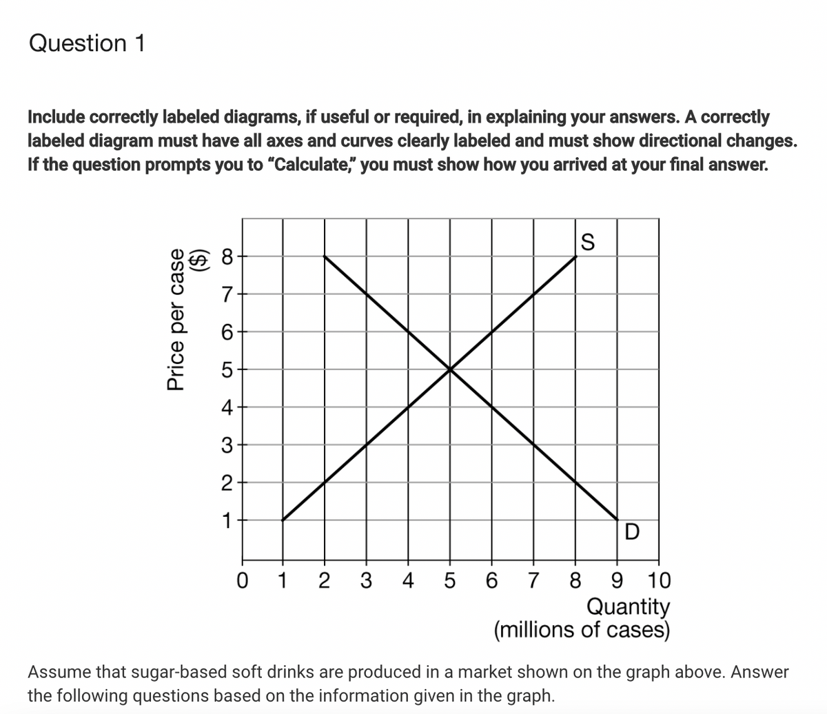 Question 1
Include correctly labeled diagrams, if useful or required, in explaining your answers. A correctly
labeled diagram must have all axes and curves clearly labeled and must show directional changes.
If the question prompts you to "Calculate," you must show how you arrived at your final answer.
IS
8.
7
6.
5
2
1
D
0 1
3
4 5 6
7
8
10
Quantity
(millions of cases)
Assume that sugar-based soft drinks are produced in a market shown on the graph above. Answer
the following questions based on the information given in the graph.
Price per case
($)
4-
CO
