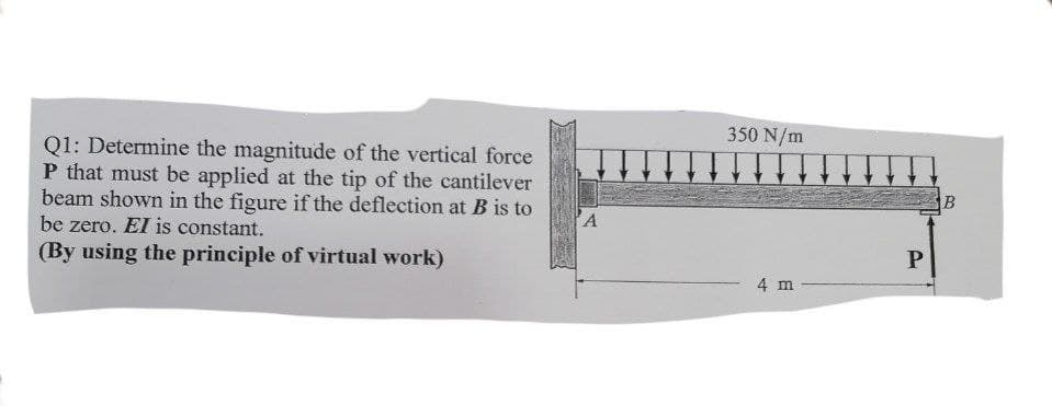 350 N/m
Q1: Determine the magnitude of the vertical force
P that must be applied at the tip of the cantilever
beam shown in the figure if the deflection at B is to
be zero. EI is constant.
(By using the principle of virtual work)
4 m
