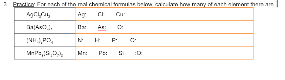 3. Practice: For each of the real chemical formulas below, calculate how many of each element there are.
AgCl,Cu,
Ag:
Cl:
Cu:
Ba(AsO,),
Ва:
As:
O:
(NH,),PO,
N:
H:
P:
O:
MnPb,(Si,O;)3
Mn:
Pb:
Si
:0:
