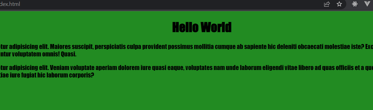 dex.html
Hello World
tur adipisicing elit. Maiores suscipit, perspiciatis culpa provident possimus mollitia cumque ab sapiente hic deleniti obcaecati molestiae iste? Exc
Intur voluptatem omnis! Quasi.
tur adipisicing elit. Veniam voluptate aperiam dolorem iure quasi eaque, voluptates nam unde laborum eligendi vitae libero ad quas officiis et a que
tiae iure fugiat hic laborum corporis?