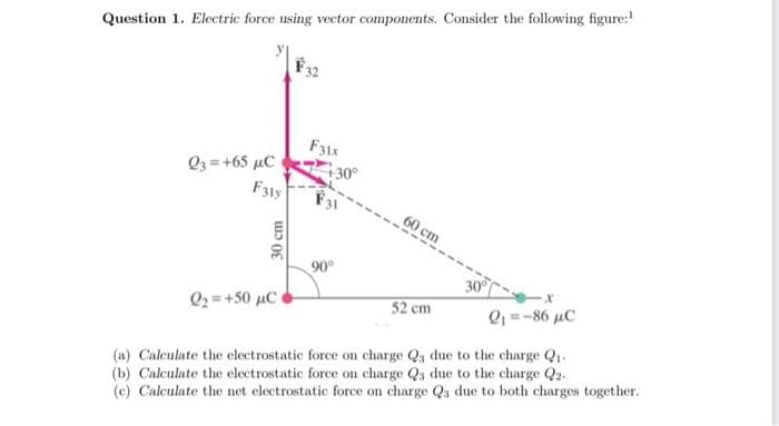 Question 1. Electric force using vector components. Consider the following figure:
Q3=+65 μC
F31y
30 cm
Q₂=+50 μC
F31x
+30°
90°
60 cm
52 cm
30°
X
Q₁=-86 μC
(a) Calculate the electrostatic force on charge Q3 due to the charge Q₁-
(b) Calculate the electrostatic force on charge Qs due to the charge Q2.
(c) Calculate the net electrostatic force on charge Q3 due to both charges together.
