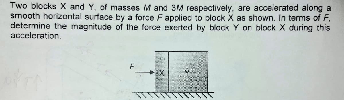 Two blocks X and Y, of masses M and 3M respectively, are accelerated along a
smooth horizontal surface by a force F applied to block X as shown. In terms of F,
determine the magnitude of the force exerted by block Y on block X during this
acceleration.
F
Y
