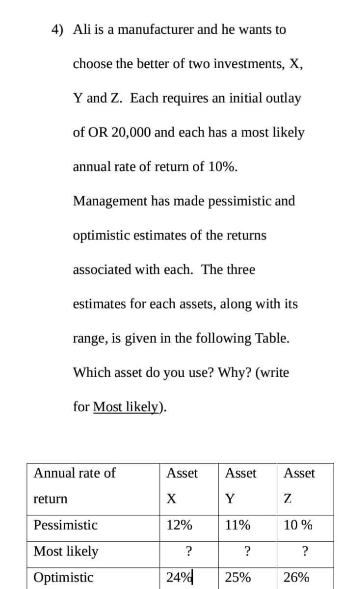 4) Ali is a manufacturer and he wants to
choose the better of two investments, X,
Y and Z. Each requires an initial outlay
of OR 20,000 and each has a most likely
annual rate of return of 10%.
Management has made pessimistic and
optimistic estimates of the returns
associated with each. The three
estimates for each assets, along with its
range, is given in the following Table.
Which asset do you use? Why? (write
for Most likely).
Annual rate of
Asset
Asset
Asset
return
X
Z
Pessimistic
12%
11%
10 %
Most likely
?
?
Optimistic
24%
25%
26%
